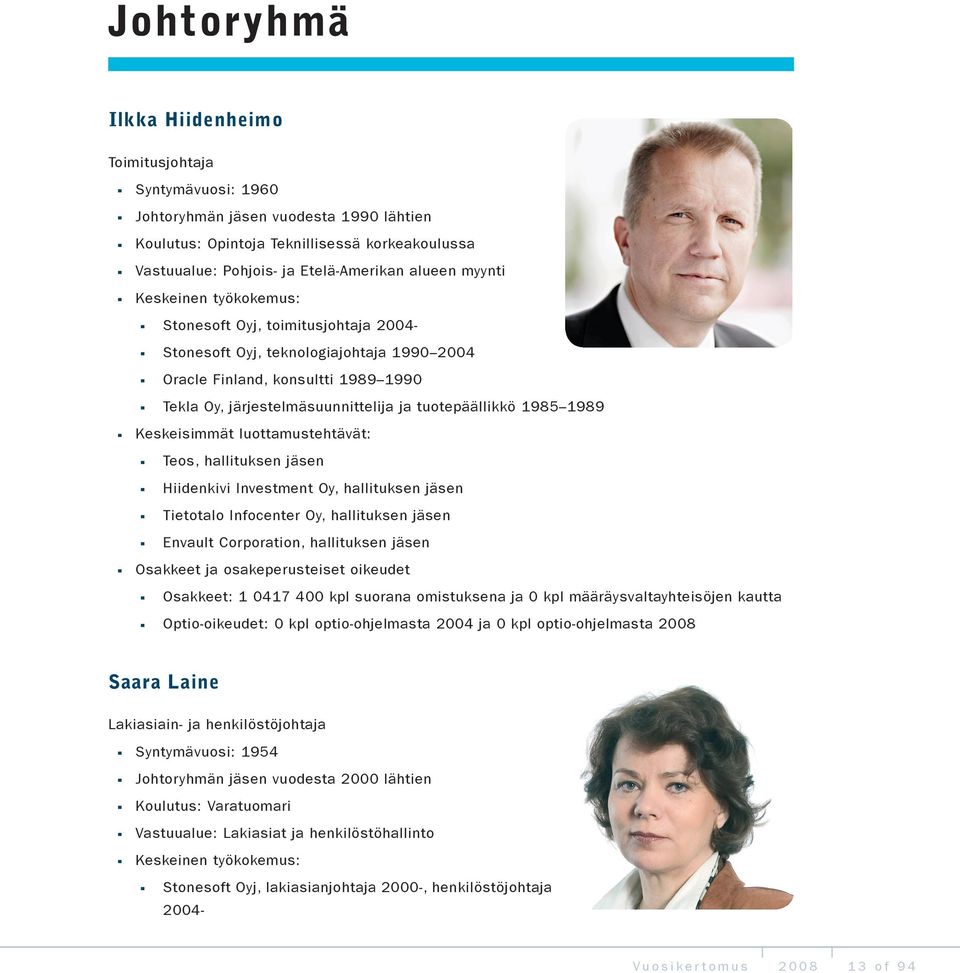 järjestelmäsuunnittelija ja tuotepäällikkö 1985 1989 Keskeisimmät luottamustehtävät: Teos, hallituksen jäsen Hiidenkivi Investment Oy, hallituksen jäsen Tietotalo Infocenter Oy, hallituksen jäsen