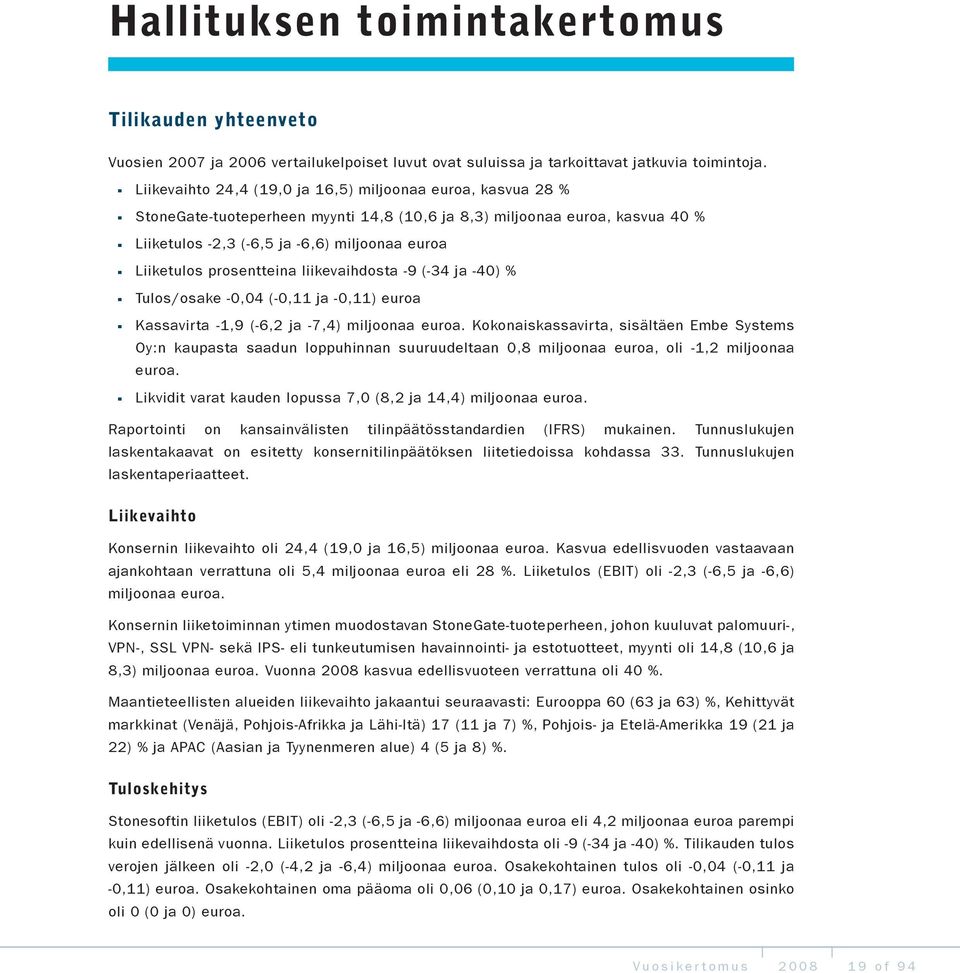 prosentteina liikevaihdosta -9 (-34 ja -40) % Tulos/osake -0,04 (-0,11 ja -0,11) euroa Kassavirta -1,9 (-6,2 ja -7,4) miljoonaa euroa.