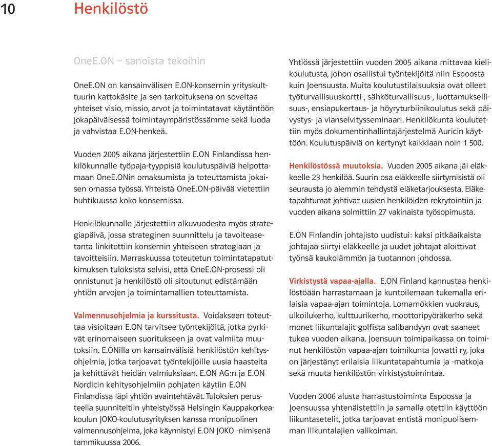 ON-henkeä. Vuoden 2005 aikana järjestettiin E.ON Finlandissa henkilökunnalle työpaja-tyyppisiä koulutuspäiviä helpottamaan OneE.ONin omaksumista ja toteuttamista jokaisen omassa työssä. Yhteistä OneE.