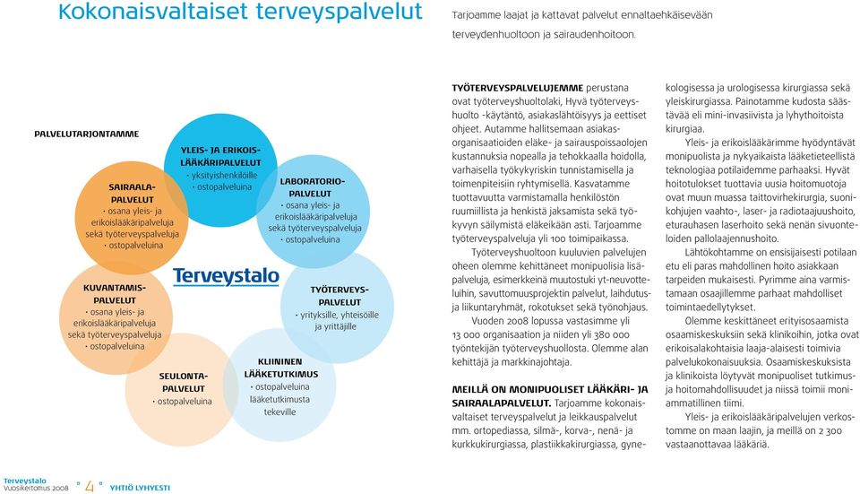 yrittäjille Yleis- ja erikoislääkäripalvelut yksityishenkilöille Sairaalapalvelut ostopalveluina osana yleis- ja erikoislääkäripalveluja sekä työterveyspalveluja ostopalveluina Laboratoriopalvelut