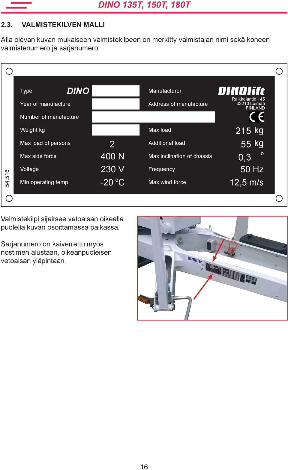 516 Weight kg Max load of persons Max side force Voltage Min operating temp.