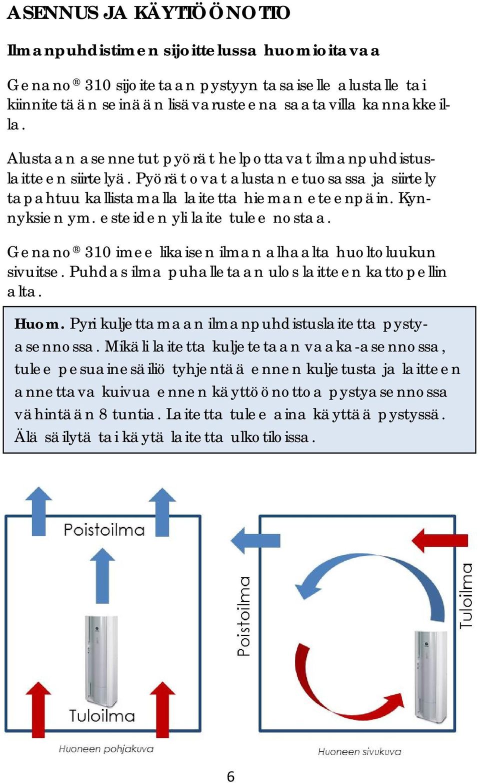 esteiden yli laite tulee nostaa. Genano 310 imee likaisen ilman alhaalta huoltoluukun sivuitse. Puhdas ilma puhalletaan ulos laitteen kattopellin alta. Huom.