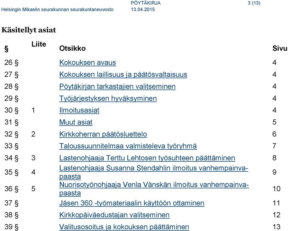 Lastenohjaaja Terttu Lehtosen työsuhteen päättäminen 8 35 4 Lastenohjaaja Susanna Stendahlin ilmoitus vanhempainvapaasta 9 36 5 Nuorisotyönohjaaja Venla Vänskän