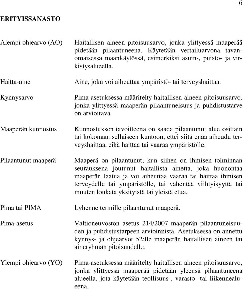 Pima-asetuksessa määritelty haitallisen aineen pitoisuusarvo, jonka ylittyessä maaperän pilaantuneisuus ja puhdistustarve on arvioitava.