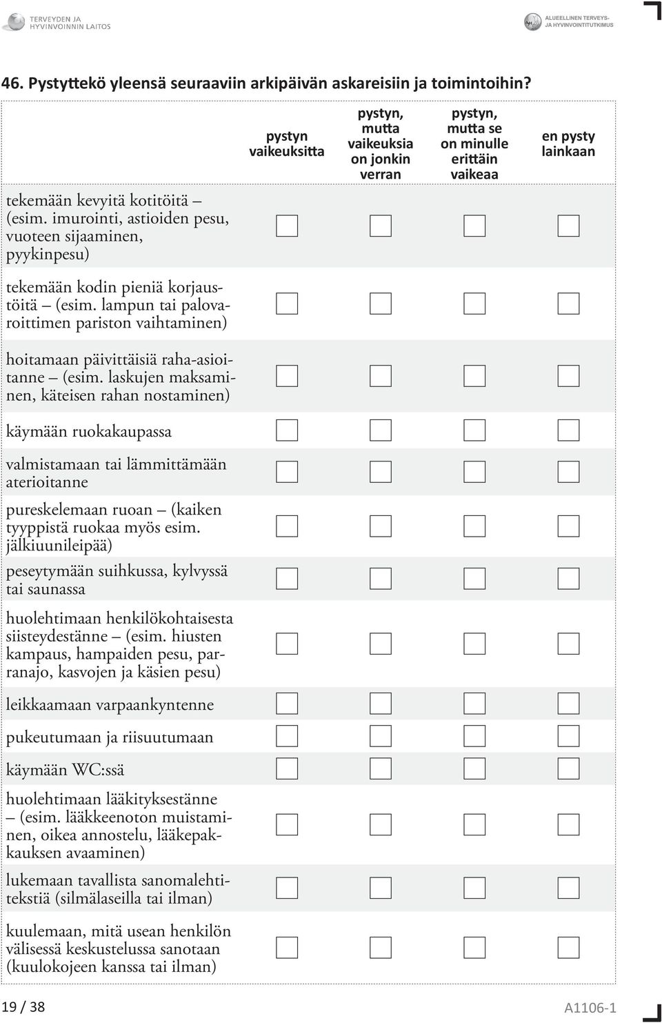 imurointi, astioiden pesu, vuoteen sijaaminen, pyykinpesu) tekemään kodin pieniä korjaustöitä (esim. lampun tai palovaroittimen pariston vaihtaminen) hoitamaan päivittäisiä raha-asioitanne (esim.