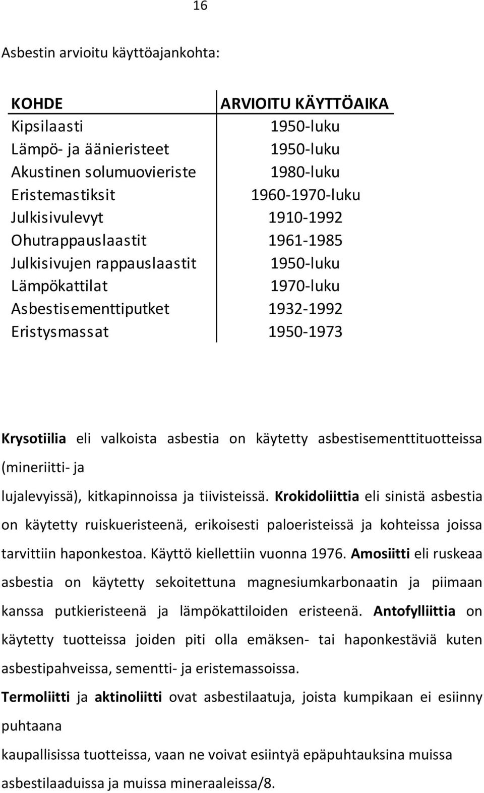 asbestia on käytetty asbestisementtituotteissa (mineriitti- ja lujalevyissä), kitkapinnoissa ja tiivisteissä.