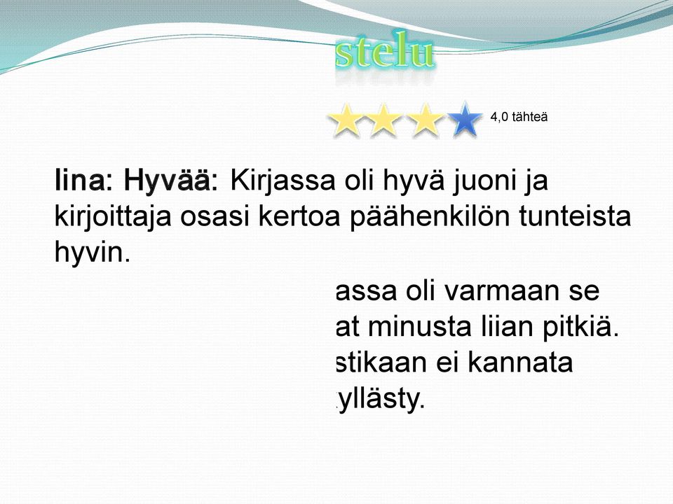 Huonoa: Huonoa kirjassa oli varmaan se että jotkut kohdat olivat