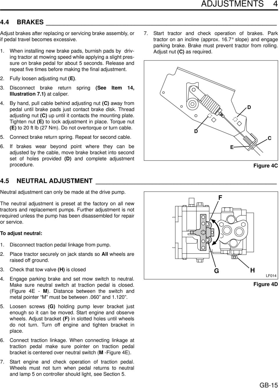 Release and repeat five times before making the final adjustment. 2. Fully loosen adjusting nut (E). 3. Disconnect brake return spring (See Item 14, Illustration 7.1) at caliper. 4.