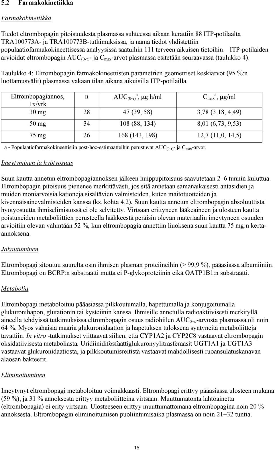 Taulukko 4: Eltrombopagin farmakokineettisten parametrien geometriset keskiarvot (95 %:n luottamusvälit) plasmassa vakaan tilan aikana aikuisilla ITP-potilailla Eltrombopagiannos, n AUC a (0-τ), μg.