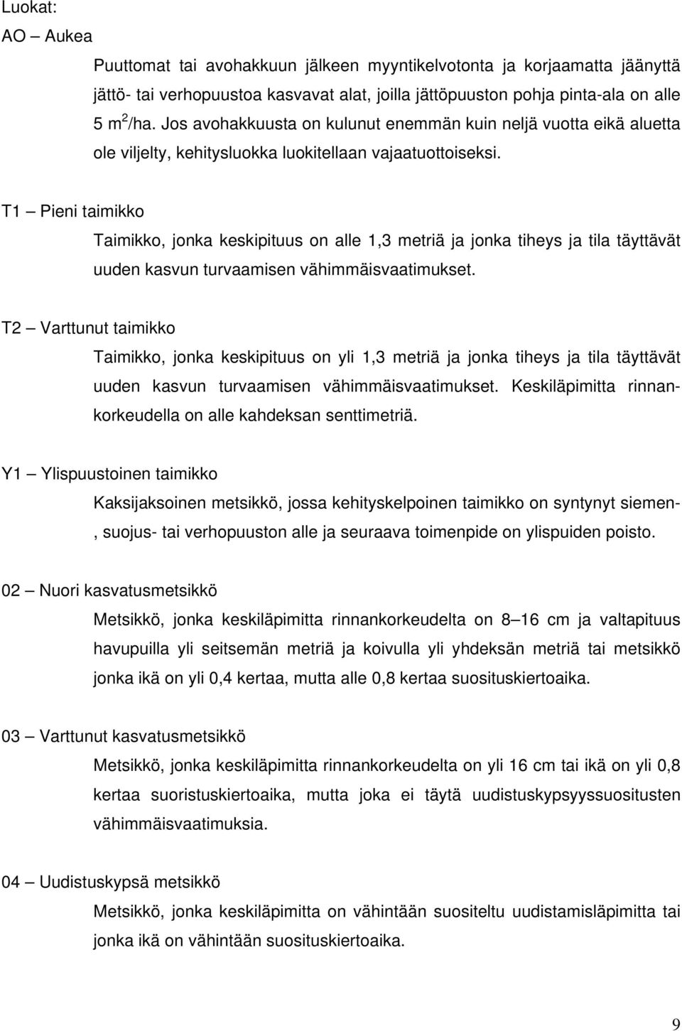 T1 Pieni taimikko Taimikko, jonka keskipituus on alle 1,3 metriä ja jonka tiheys ja tila täyttävät uuden kasvun turvaamisen vähimmäisvaatimukset.