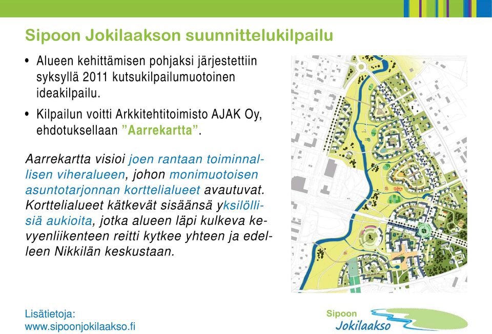 Aarrekartta visioi joen rantaan toiminnallisen viheralueen, johon monimuotoisen asuntotarjonnan korttelialueet