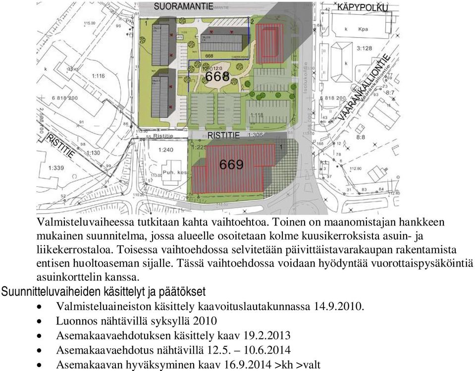 Toisessa vaihtoehdossa selvitetään päivittäistavarakaupan rakentamista entisen huoltoaseman sijalle.