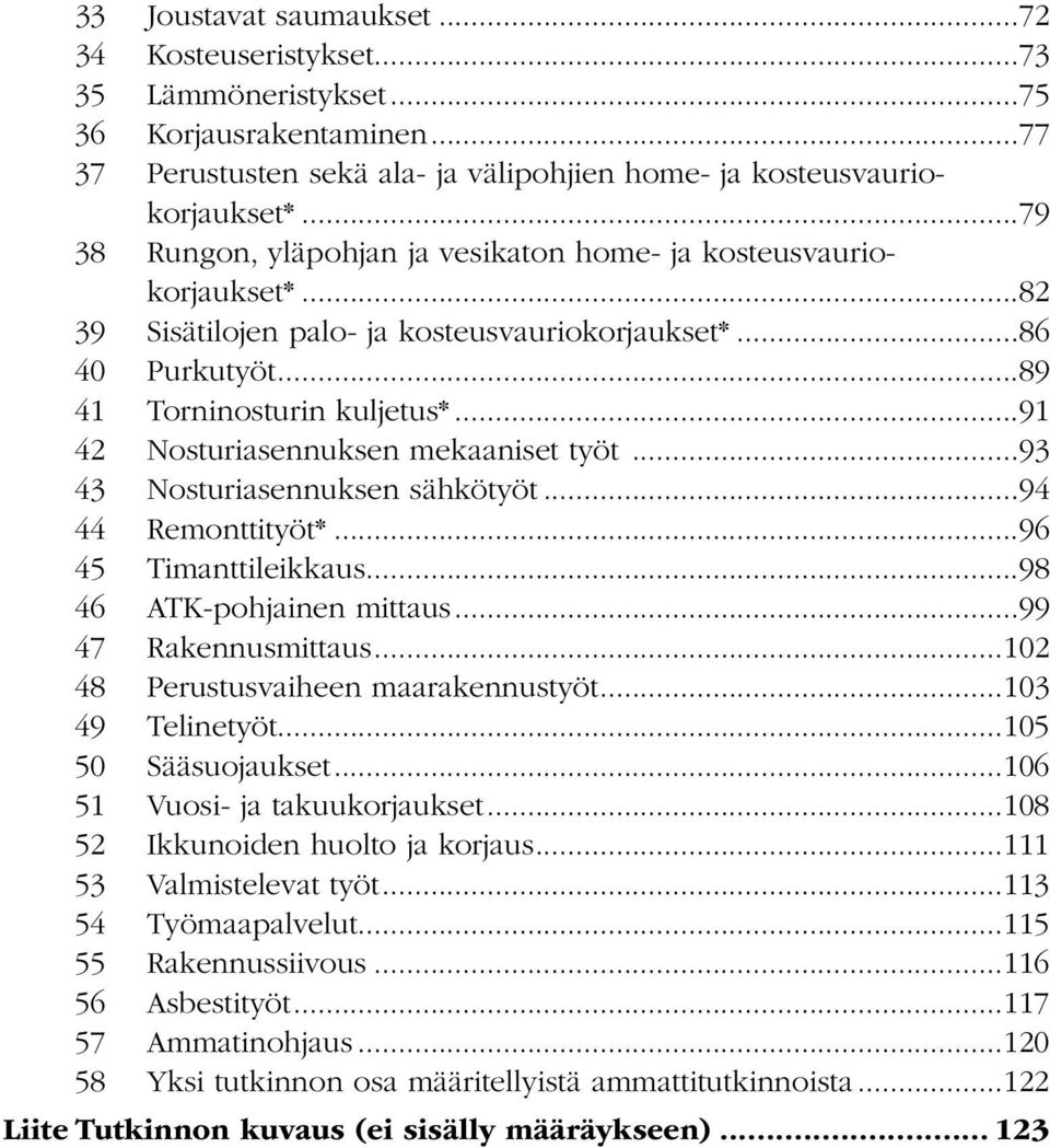 ..91 42 Nosturiasennuksen mekaaniset työt...93 43 Nosturiasennuksen sähkötyöt...94 44 Remonttityöt*...96 45 Timanttileikkaus...98 46 ATK-pohjainen mittaus...99 47 Rakennusmittaus.