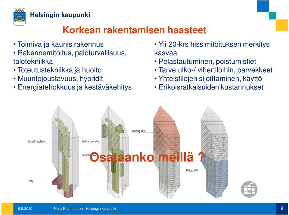 kestäväkehitys Yli 20-krs hissimitoituksen merkitys kasvaa Pelastautuminen, poistumistiet Tarve