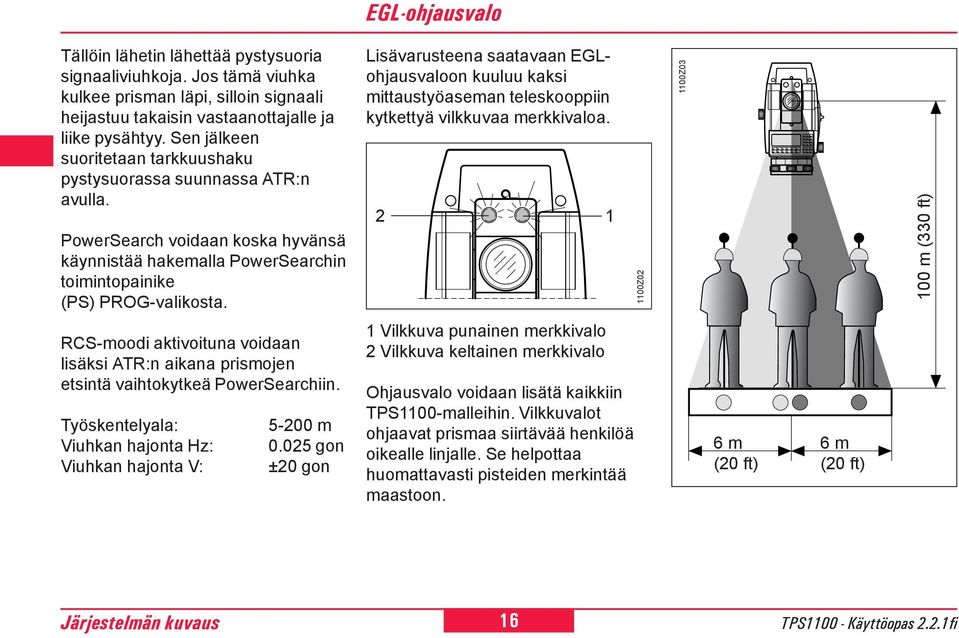 Lisävarusteena saatavaan EGLohjausvaloon kuuluu kaksi mittaustyöaseman teleskooppiin kytkettyä vilkkuvaa merkkivaloa.