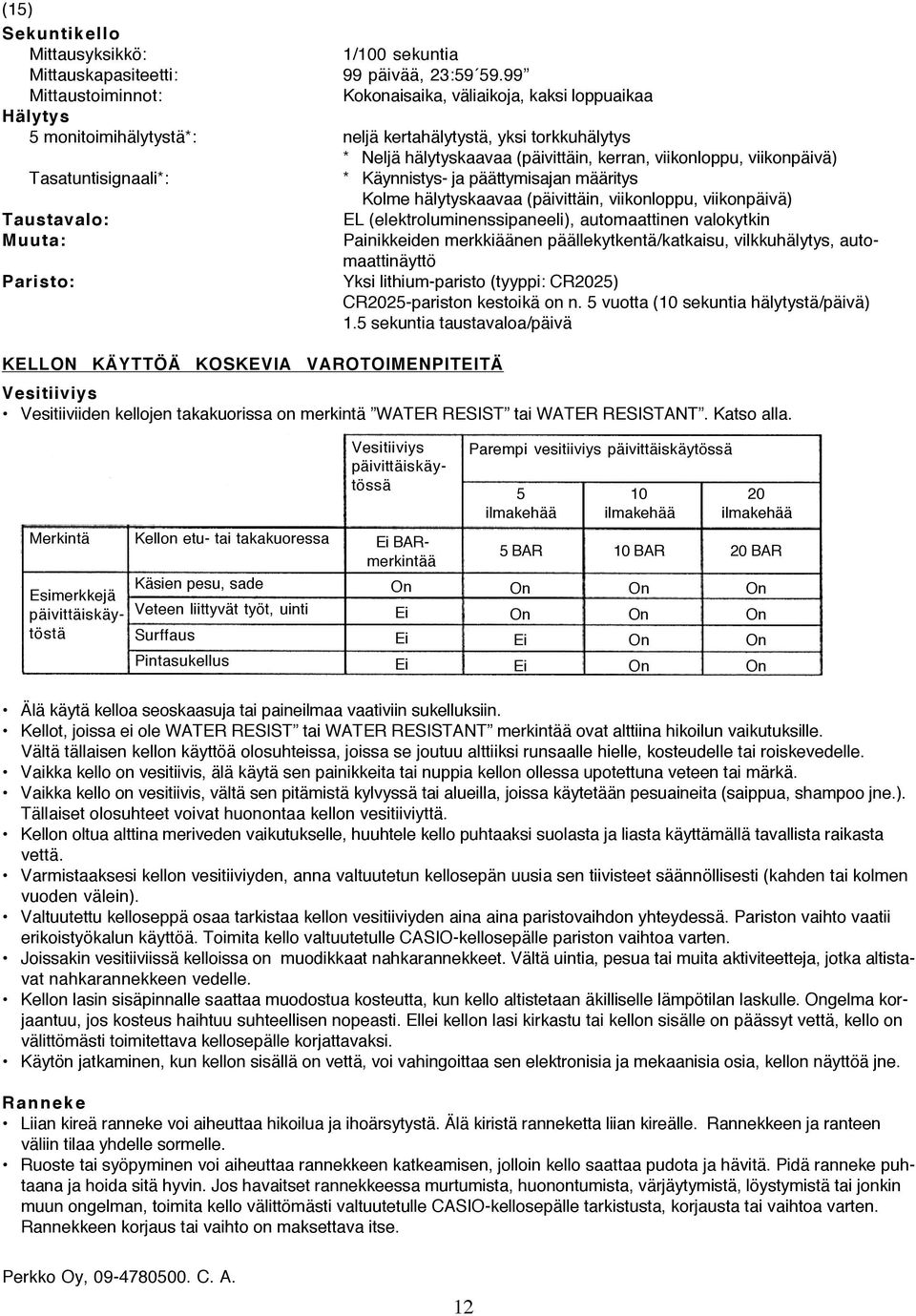 viikonpäivä) Tasatuntisignaali*: * Käynnistys- ja päättymisajan määritys Kolme hälytyskaavaa (päivittäin, viikonloppu, viikonpäivä) Taustavalo: EL (elektroluminenssipaneeli), automaattinen valokytkin