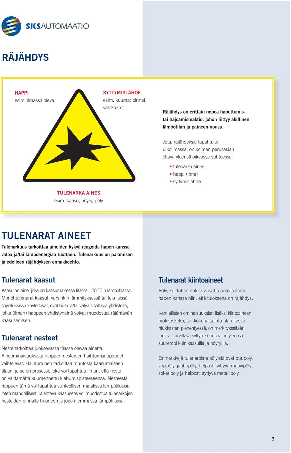 kaasu, höyry, pöly TULENARAT AINEET Tulenarkuus tarkoittaa aineiden kykyä reagoida hapen kanssa valoa ja/tai lämpöenergiaa tuottaen. Tulenarkuus on palamisen ja edelleen räjähdyksen ennakkoehto.