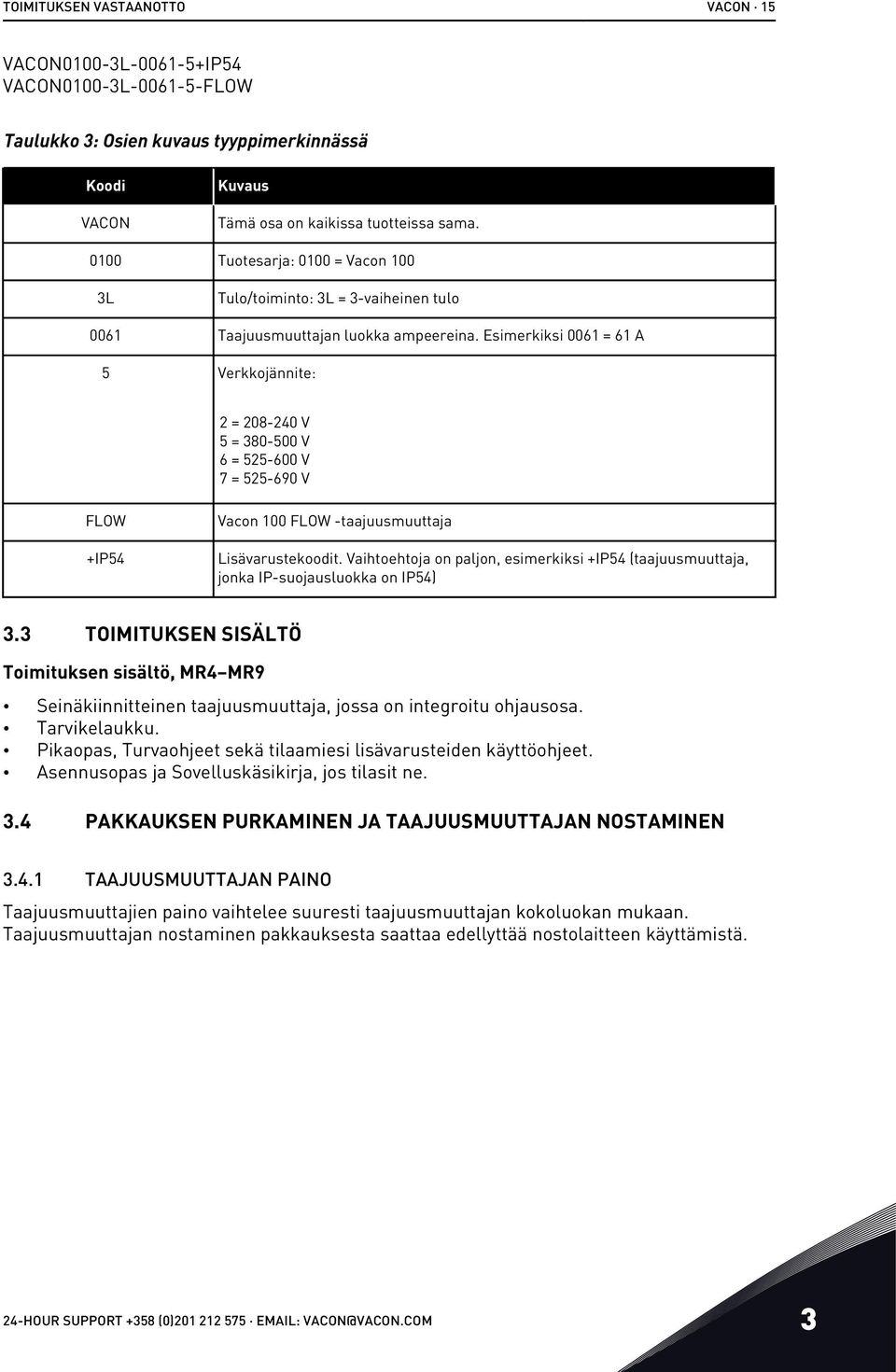 Esimerkiksi 0061 = 61 A 5 Verkkojännite: 2 = 208-240 V 5 = 380-500 V 6 = 525-600 V 7 = 525-690 V FLOW +IP54 Vacon 100 FLOW -taajuusmuuttaja Lisävarustekoodit.