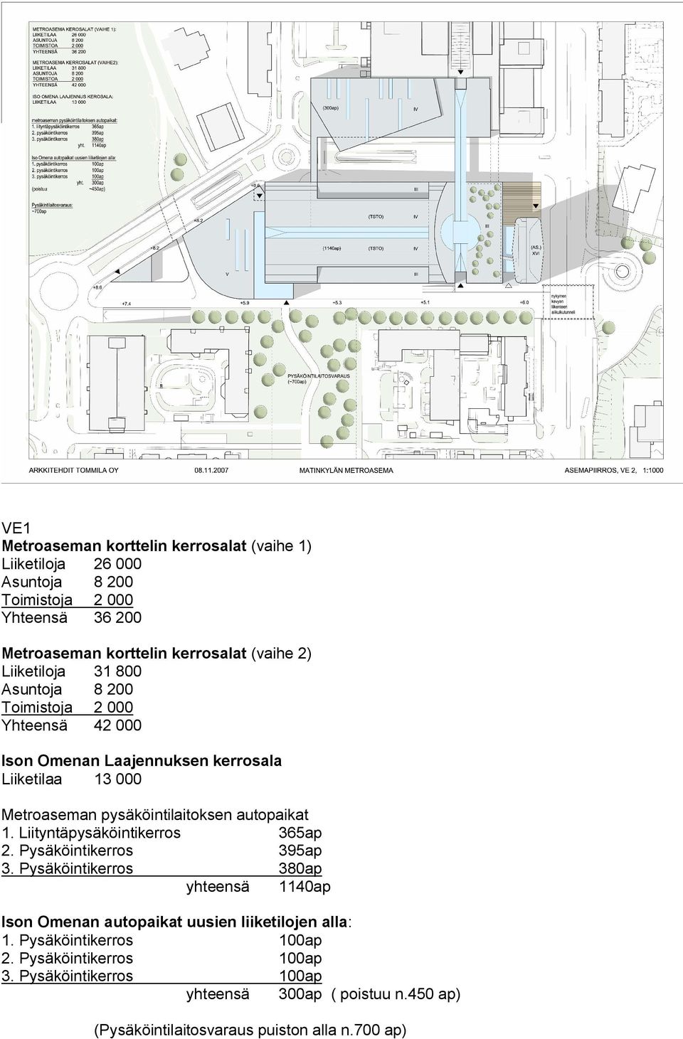 autopaikat 1. Liityntäpysäköintikerros 365ap 2. Pysäköintikerros 395ap 3.