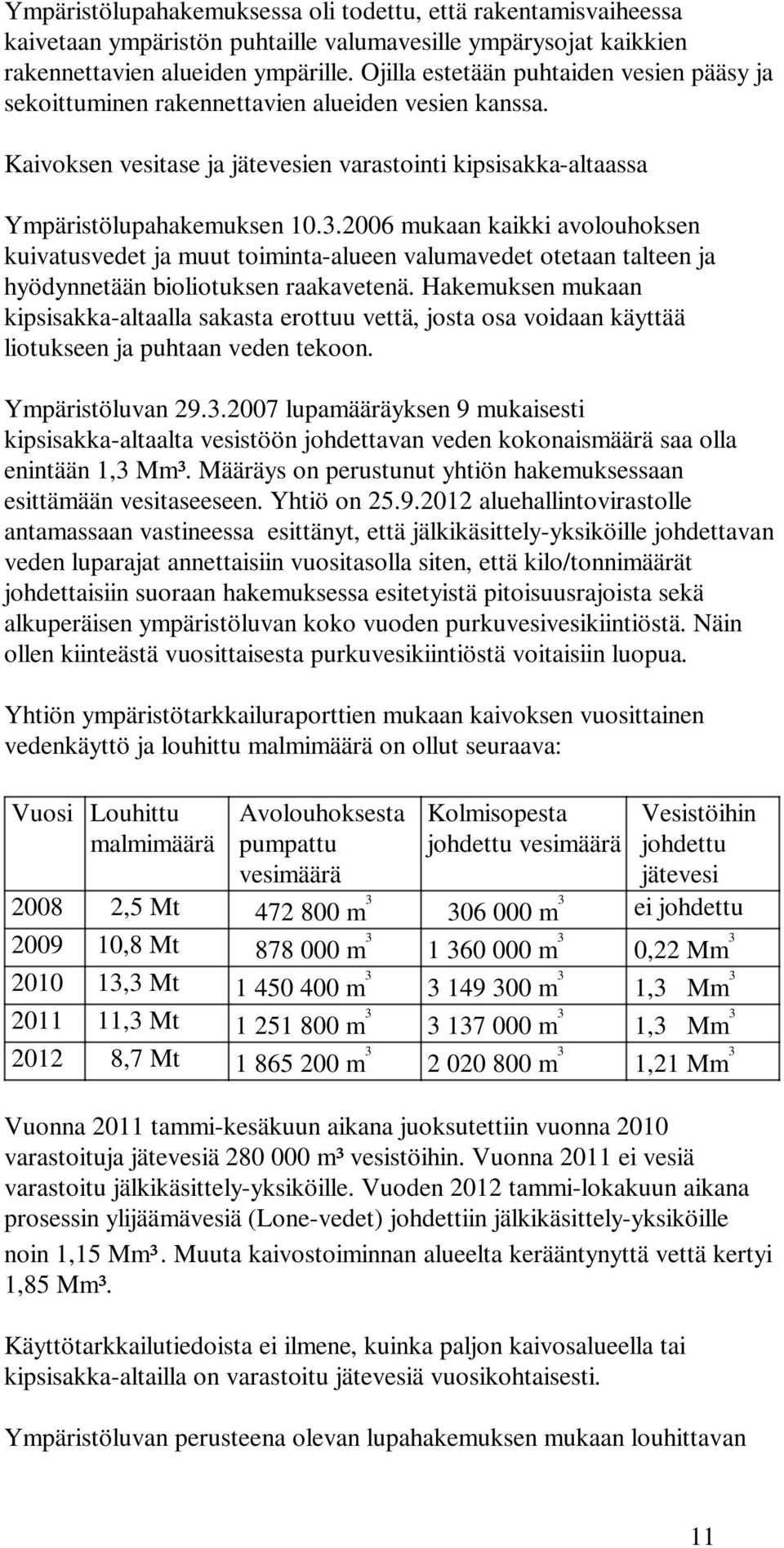 2006 mukaan kaikki avolouhoksen kuivatusvedet ja muut toiminta-alueen valumavedet otetaan talteen ja hyödynnetään bioliotuksen raakavetenä.