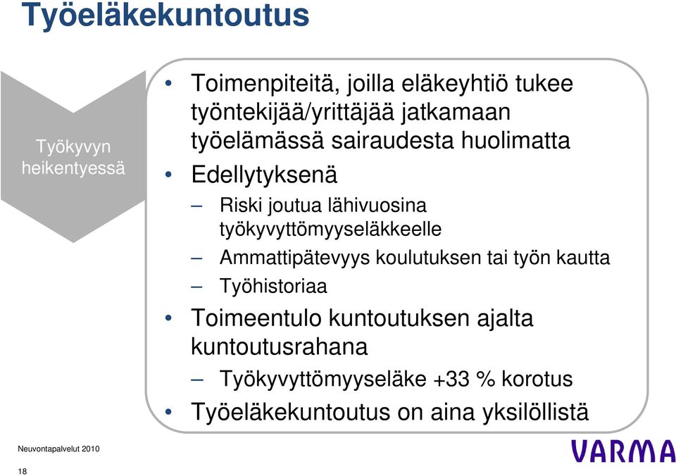 lähivuosina työkyvyttömyyseläkkeelle Ammattipätevyys koulutuksen tai työn kautta Työhistoriaa