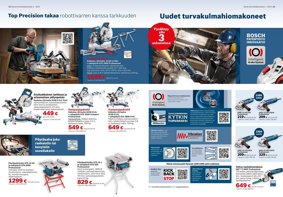 Pöytä: jopa 3,8 m työskentelypituus, kantavuus 250 kg. 1599 1289,52 alv 0% Tilausnro. 0 615 990 G2P Ensiluokkainen tarkkuus ja erinomainen pölynpoisto Katkaisu-/jiirisaha GCM 8 SJL Prof.