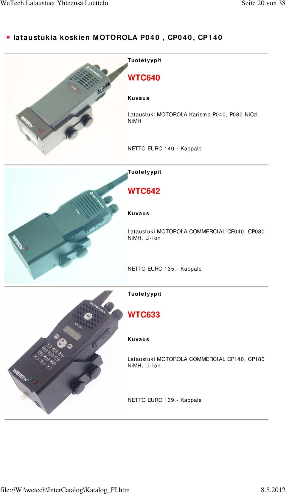 - Kappale WTC642 Lataustuki MOTOROLA COMMERCIAL CP040, CP080 NiMH, Li-Ion NETTO