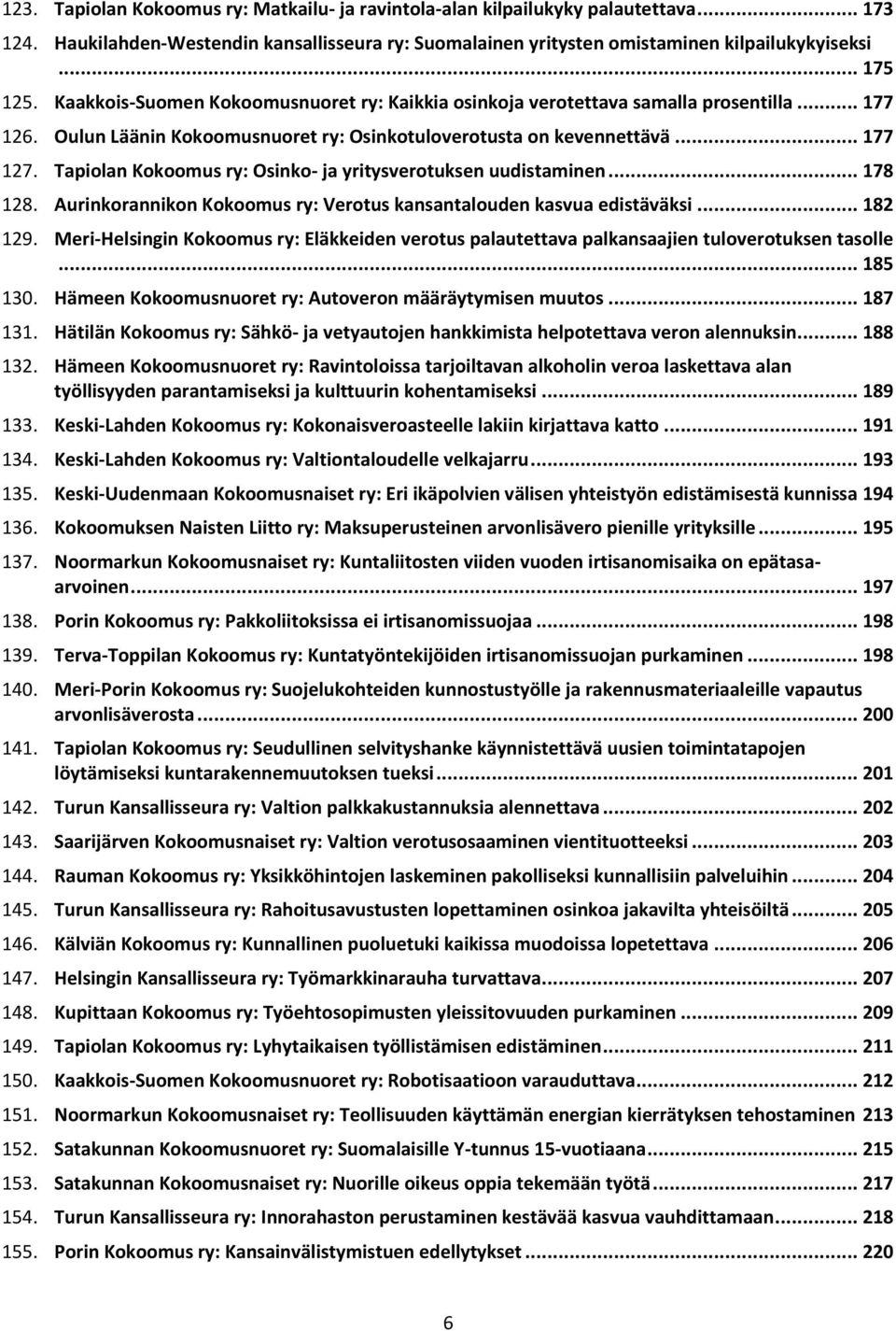 Tapiolan Kokoomus ry: Osinko- ja yritysverotuksen uudistaminen... 178 128. Aurinkorannikon Kokoomus ry: Verotus kansantalouden kasvua edistäväksi... 182 129.