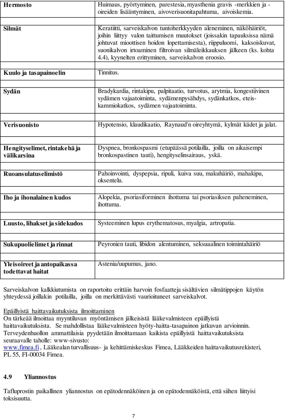 hoidon lopettamisesta), riippuluomi, kaksoiskuvat, suonikalvon irtoaminen filtroivan silmäleikkauksen jälkeen (ks. kohta 4.4), kyynelten erittyminen, sarveiskalvon eroosio. Tinnitus.