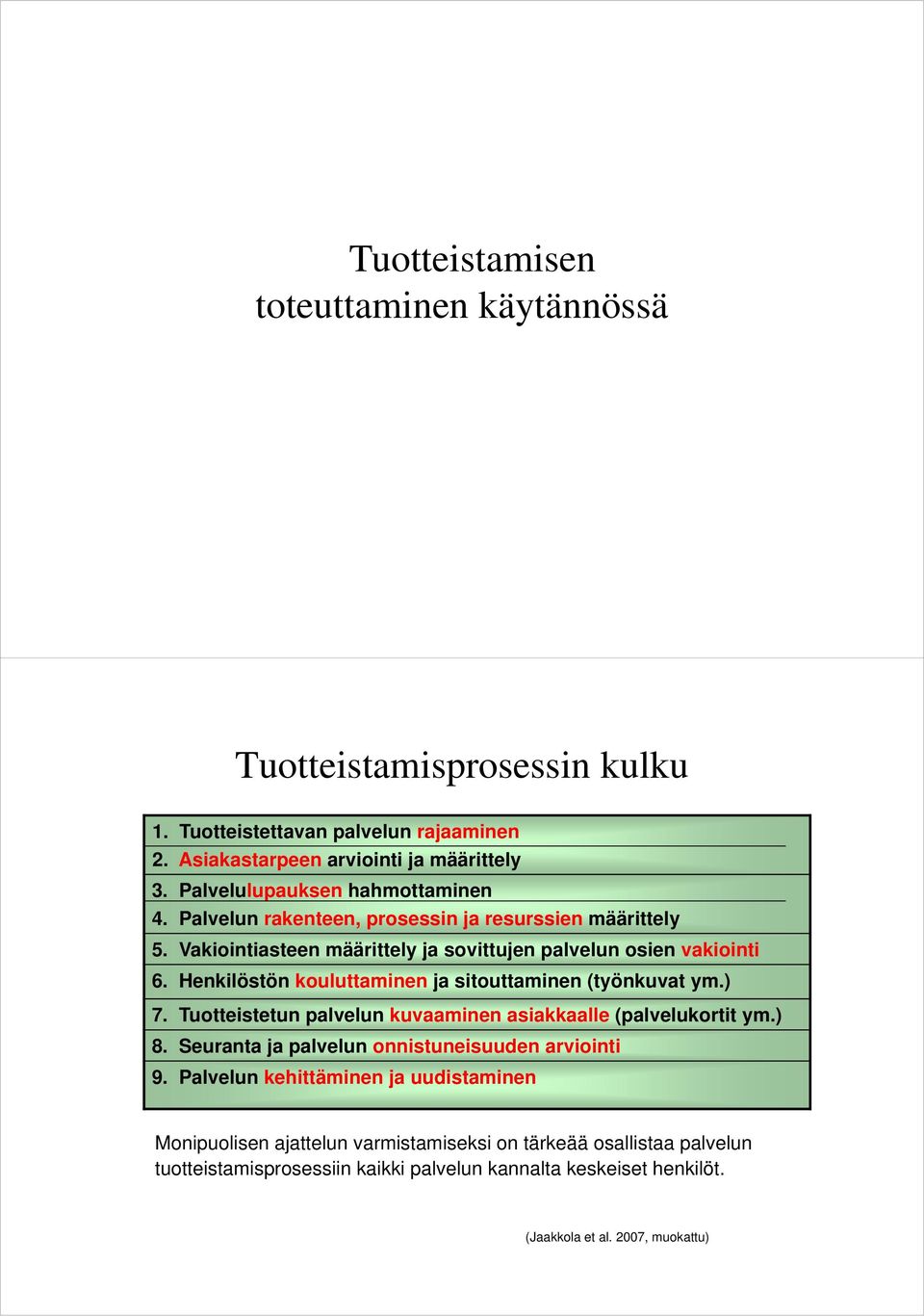 Henkilöstön kouluttaminen ja sitouttaminen (työnkuvat ym.) 7. Tuotteistetun palvelun kuvaaminen asiakkaalle (palvelukortit ym.) 8.