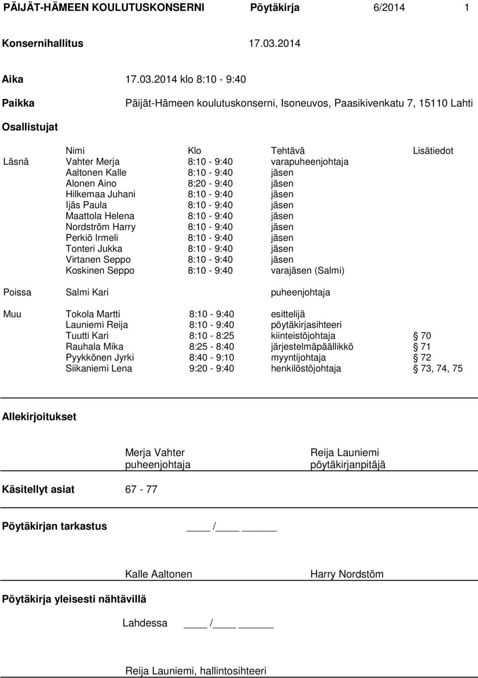 2014 klo 8:10-9:40 Paikka Päijät-Hämeen koulutuskonserni, Isoneuvos, Paasikivenkatu 7, 15110 Lahti Osallistujat Nimi Klo Tehtävä Lisätiedot Läsnä Vahter Merja 8:10-9:40 varapuheenjohtaja Aaltonen