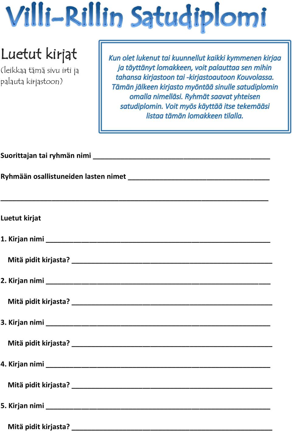 osallistuneiden lasten nimet Luetut kirjat 1.