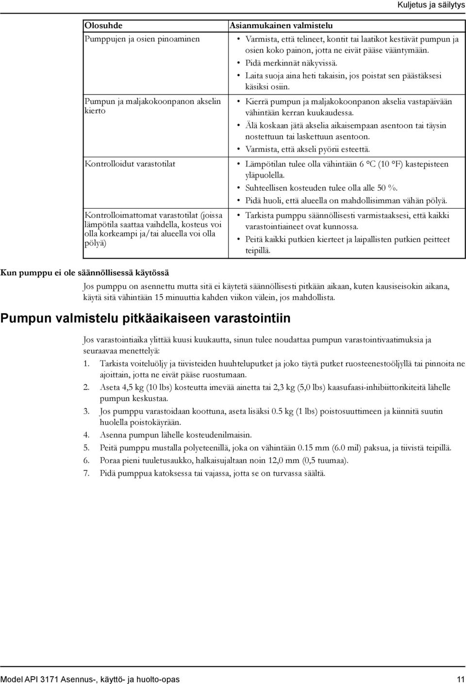 Pidä merkinnät näkyvissä. Laita suoja aina heti takaisin, jos poistat sen päästäksesi käsiksi osiin. Kierrä pumpun ja maljakokoonpanon akselia vastapäivään vähintään kerran kuukaudessa.