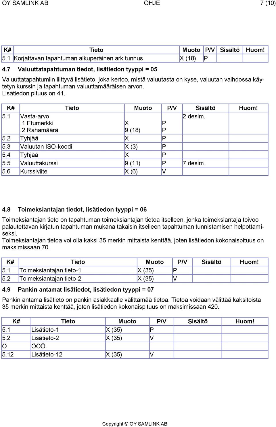 arvon. Lisätiedon pituus on 41. K# Tieto Muoto / Sisältö Huom! 5.1 asta-arvo.2 Rahamäärä 5.2 Tyhjää 5.3 aluutan ISO-koodi (3) 5.4 Tyhjää 5.5 aluuttakurssi 9 (11) 7 desim. 5.6 Kurssiviite (6) 4.