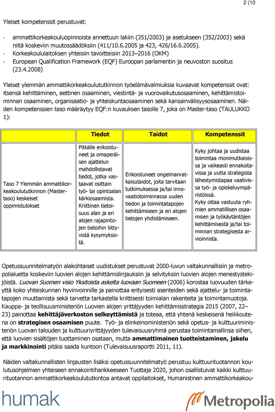 2008) Yleiset ylemmän ammattikorkeakoulututkinnon työelämävalmiuksia kuvaavat kompetenssit ovat: itsensä kehittäminen, eettinen osaaminen, viestintä- ja vuorovaikutusosaaminen, kehittämistoiminnan