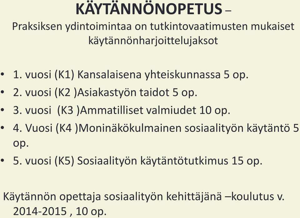 vuosi (K3 )Ammatilliset valmiudet 10 op. 4. Vuosi (K4 )Moninäkökulmainen sosiaalityön käytäntö 5 