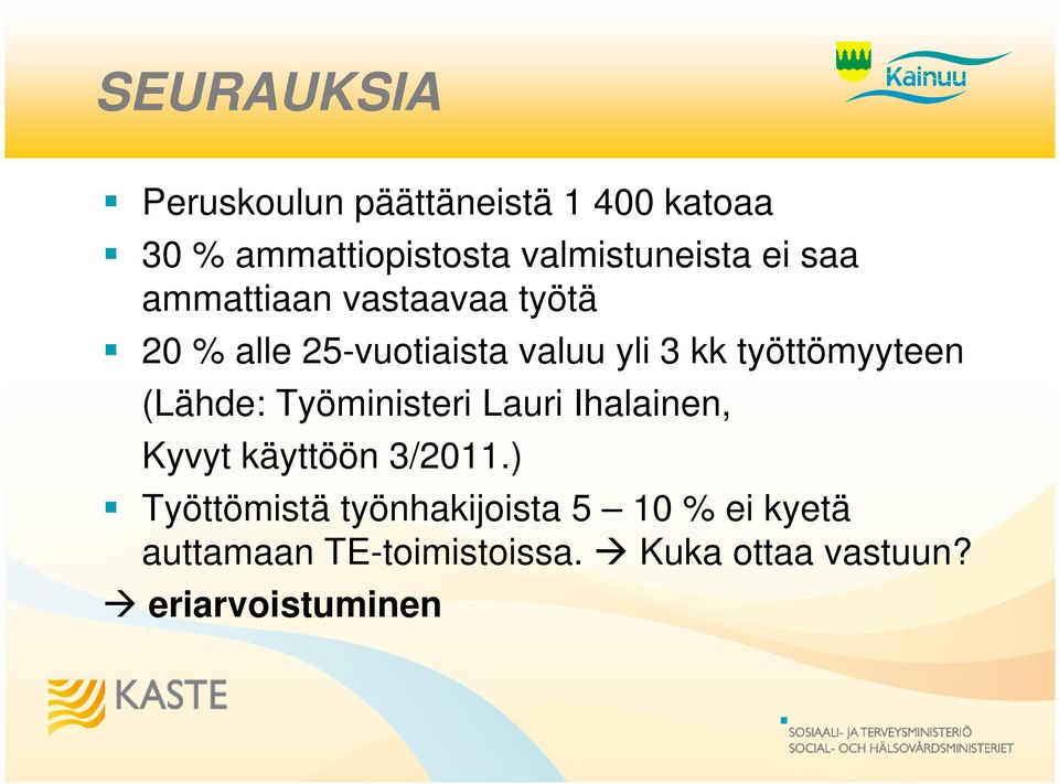 työttömyyteen (Lähde: Työministeri Lauri Ihalainen, Kyvyt käyttöön 3/2011.