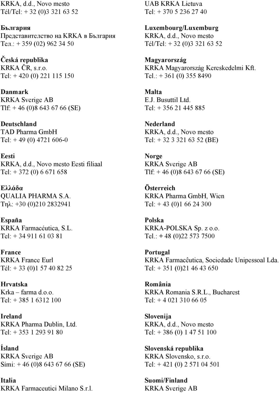 o.o. Tel: + 385 1 6312 100 Ireland KRKA Pharma Dublin, Ltd. Tel: + 353 1 293 91 80 Ísland Sími: + 46 (0)8 643 67 66 (SE) Italia KRKA Farmaceutici Milano S.r.l. UAB KRKA Lietuva Tel: + 370 5 236 27 40 Luxembourg/Luxemburg KRKA, d.