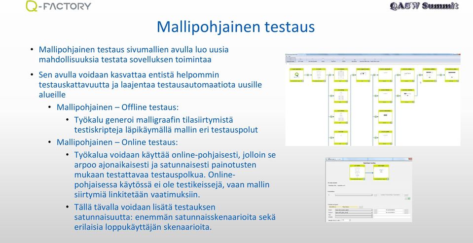 Online testaus: Työkalua voidaan käyttää online-pohjaisesti, jolloin se arpoo ajonaikaisesti ja satunnaisesti painotusten mukaan testattavaa testauspolkua.