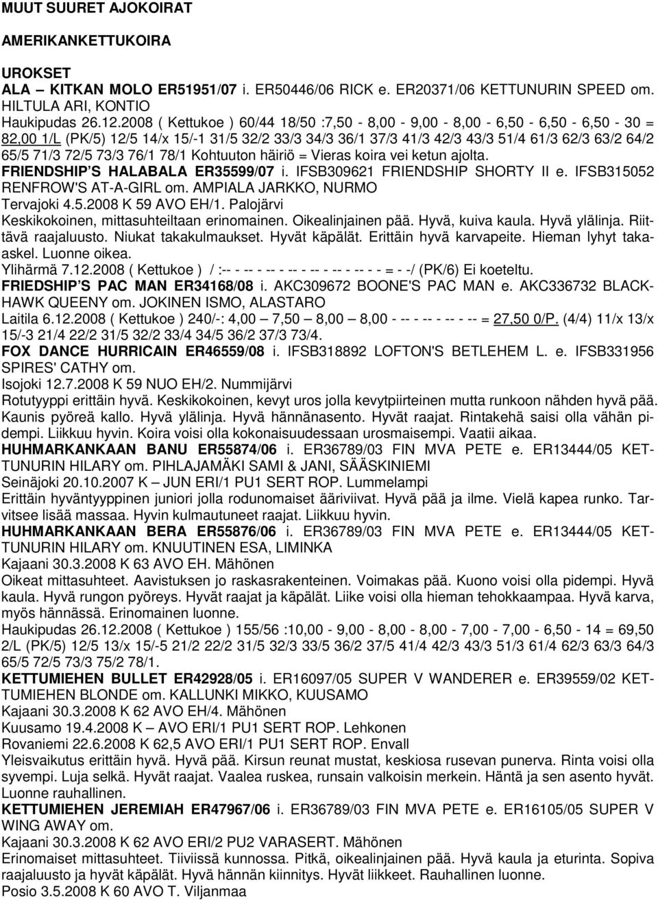 78/1 Kohtuuton häiriö = Vieras koira vei ketun ajolta. FRIENDSHIP S HALABALA ER35599/07 i. IFSB309621 FRIENDSHIP SHORTY II e. IFSB315052 RENFROW'S AT-A-GIRL om. AMPIALA JARKKO, NURMO Tervajoki 4.5.2008 K 59 AVO EH/1.
