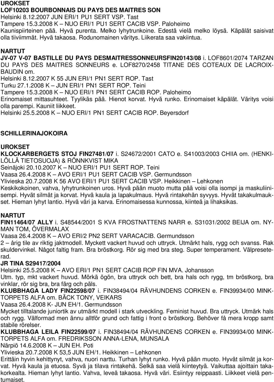 NARTUT JV-07 V-07 BASTILLE DU PAYS DESMAITRESSONNEURSFIN20143/08 i. LOF8601/2074 TARZAN DU PAYS DES MAITRES SONNEURS e. LOF8270/2458 TITANE DES COTEAUX DE LACROIX- BAUDIN om. Helsinki 8.12.