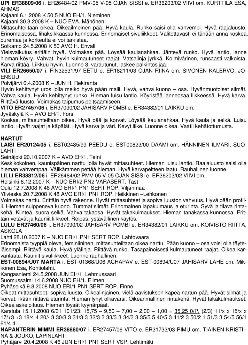 Valitettavasti ei tänään anna koskea, purentaa ja korkeutta ei voi tarkistaa. Sotkamo 24.5.2008 K 50 AVO H. Envall Yleisvaikutus erittäin hyvä. Voimakas pää. Löysää kaulanahkaa. Jäntevä runko.