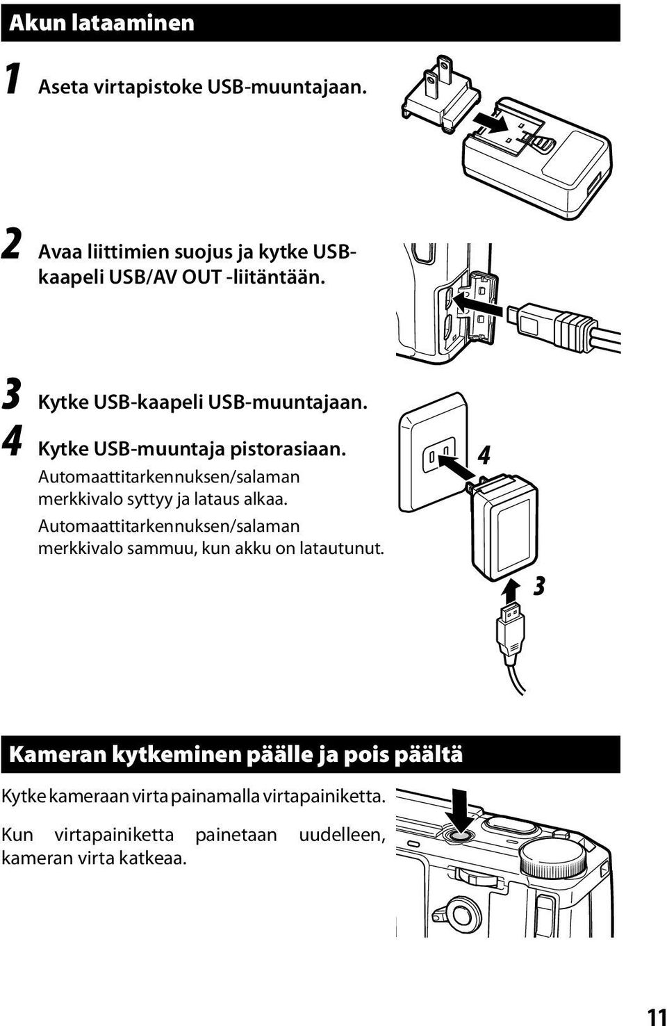 Automaattitarkennuksen/salaman merkkivalo syttyy ja lataus alkaa.