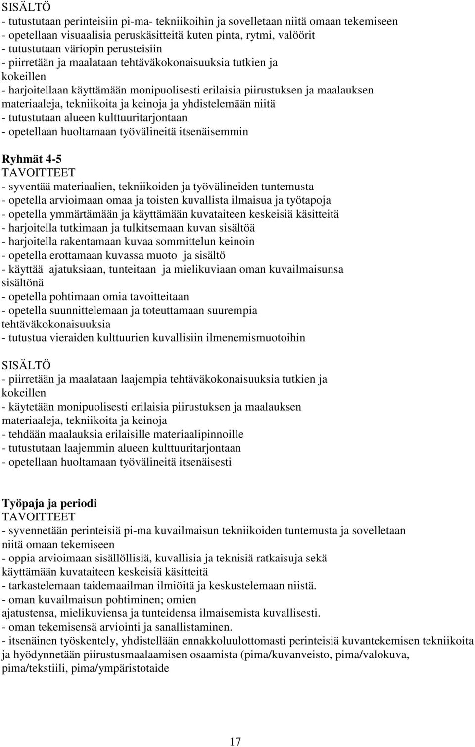 niitä - tutustutaan alueen kulttuuritarjontaan - opetellaan huoltamaan työvälineitä itsenäisemmin Ryhmät 4-5 - syventää materiaalien, tekniikoiden ja työvälineiden tuntemusta - opetella arvioimaan