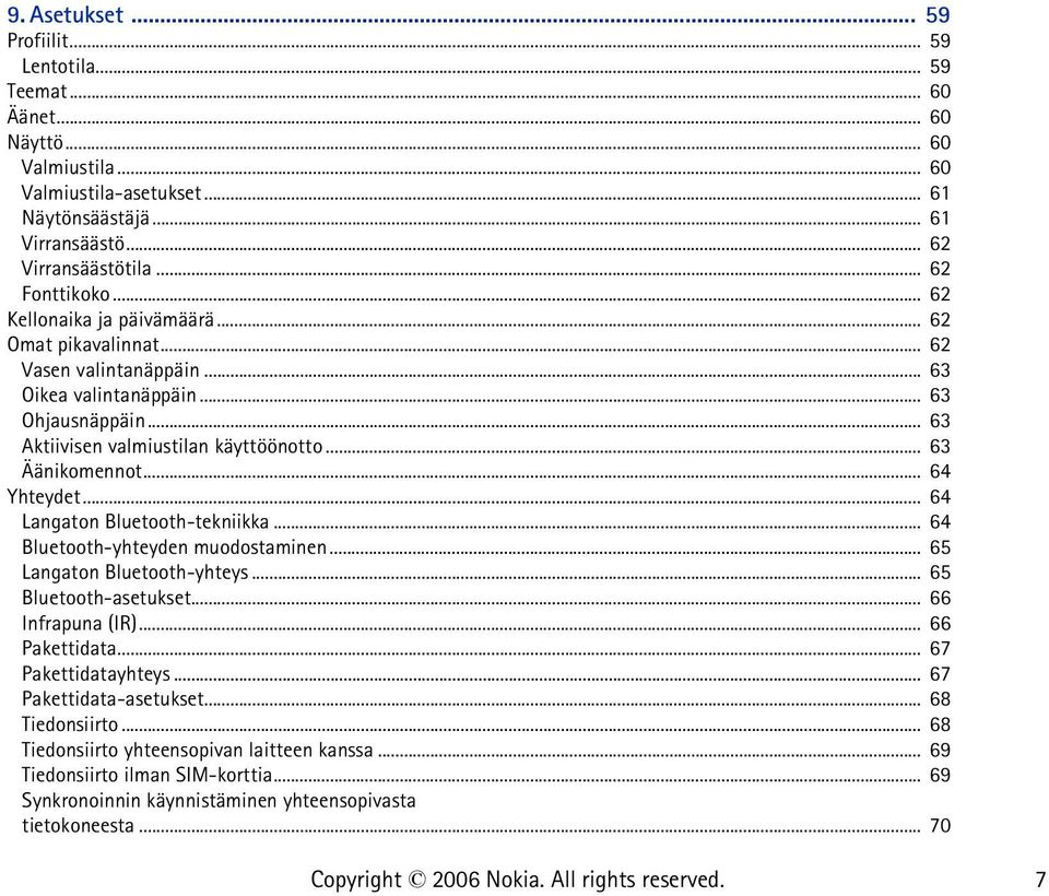 .. 63 Äänikomennot... 64 Yhteydet... 64 Langaton Bluetooth-tekniikka... 64 Bluetooth-yhteyden muodostaminen... 65 Langaton Bluetooth-yhteys... 65 Bluetooth-asetukset... 66 Infrapuna (IR).