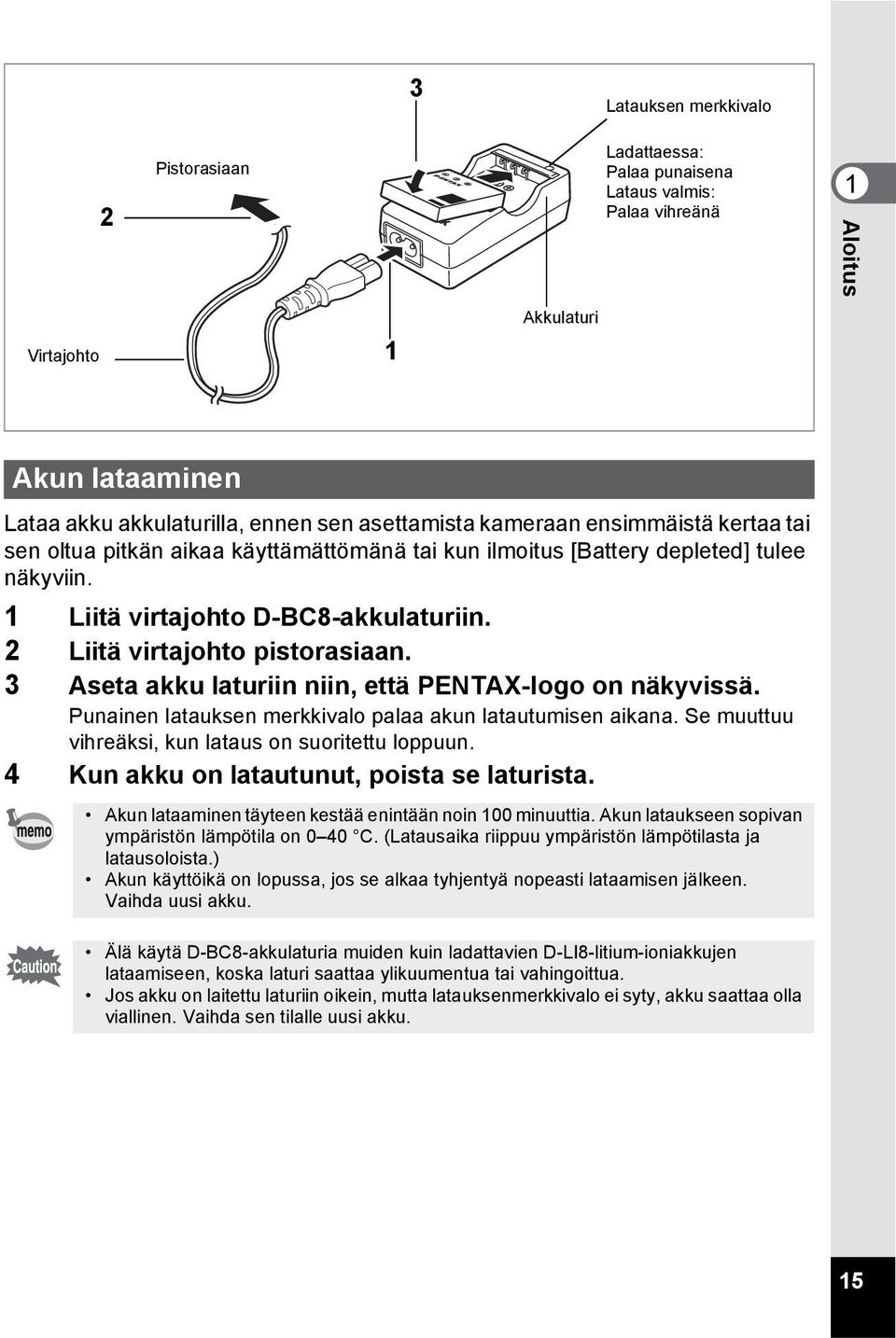 3 Aseta akku laturiin niin, että PENTAX-logo on näkyvissä. Punainen latauksen merkkivalo palaa akun latautumisen aikana. Se muuttuu vihreäksi, kun lataus on suoritettu loppuun.