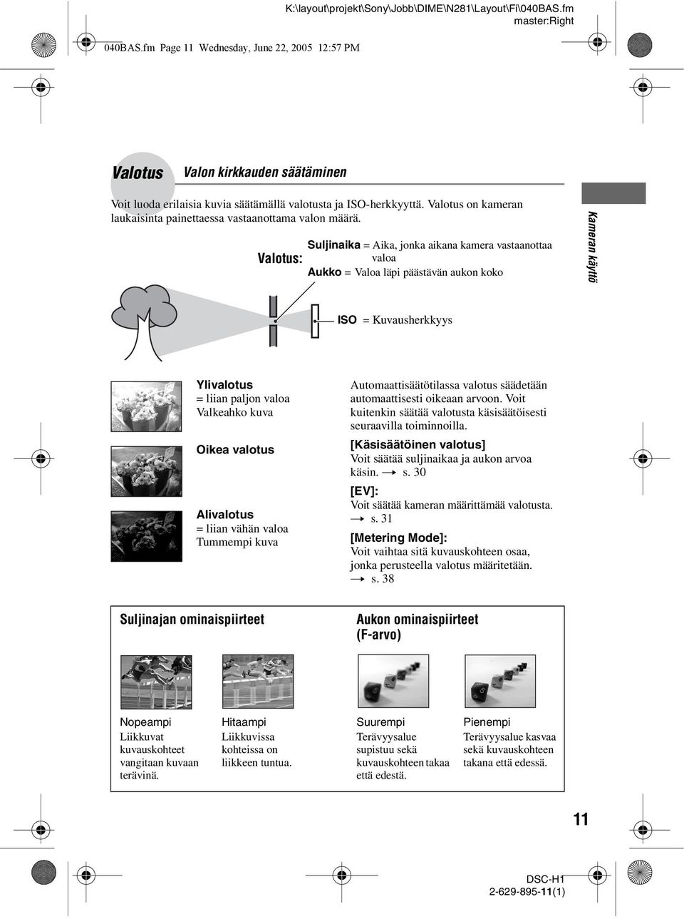 Valotus: Suljinaika = Aika, jonka aikana kamera vastaanottaa valoa Aukko = Valoa läpi päästävän aukon koko Kameran käyttö ISO = Kuvausherkkyys Ylivalotus = liian paljon valoa Valkeahko kuva Oikea