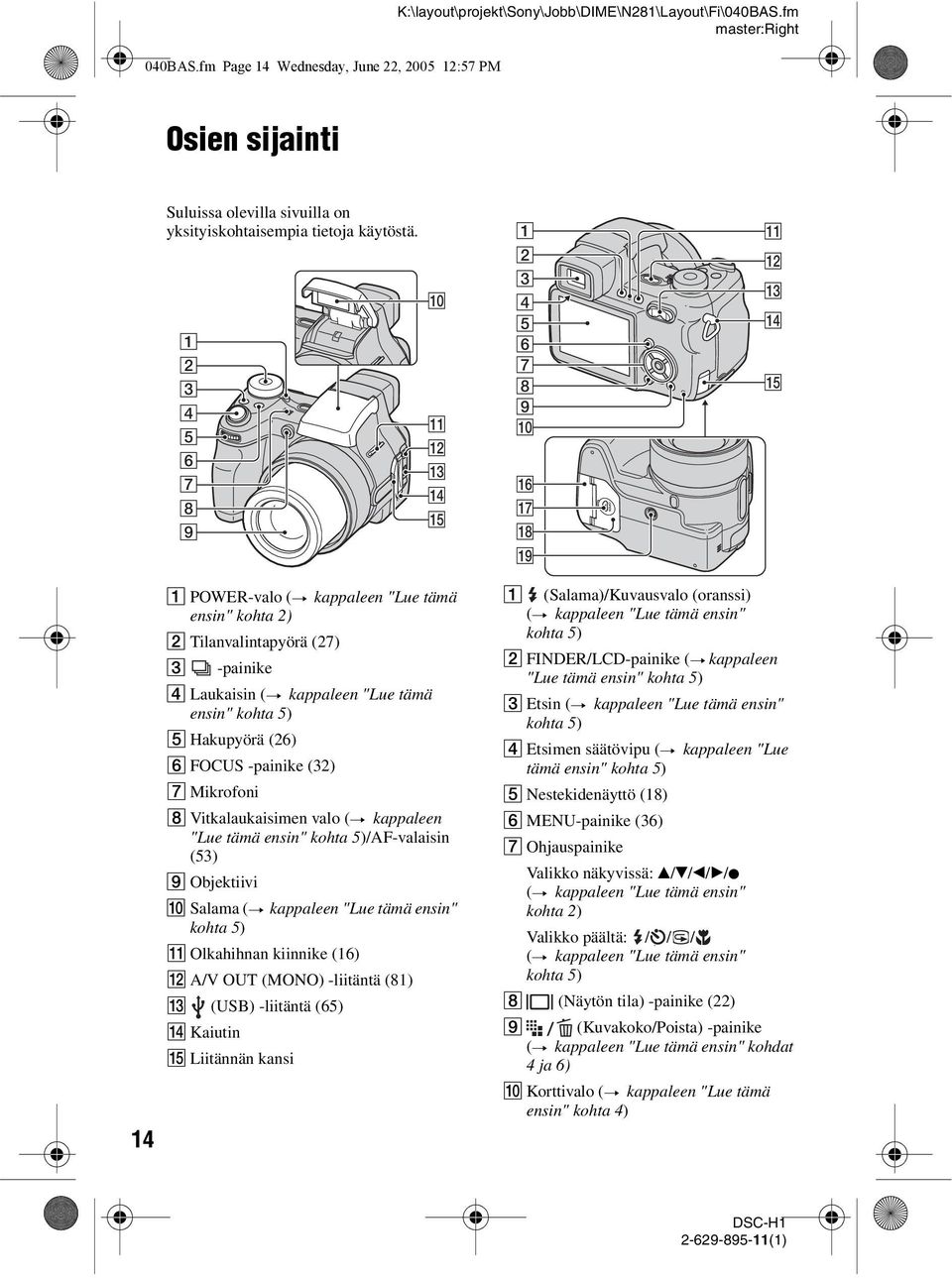 "Lue tämä ensin" kohta 5) E Hakupyörä (26) F FOCUS -painike (32) G Mikrofoni H Vitkalaukaisimen valo (t kappaleen "Lue tämä ensin" kohta 5)/AF-valaisin (53) I Objektiivi J Salama (t kappaleen "Lue