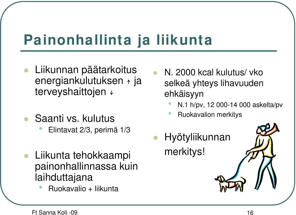 kulutus Elintavat 2/3, perimä 1/3 Liikunta tehokkaampi painonhallinnassa kuin laihduttajana