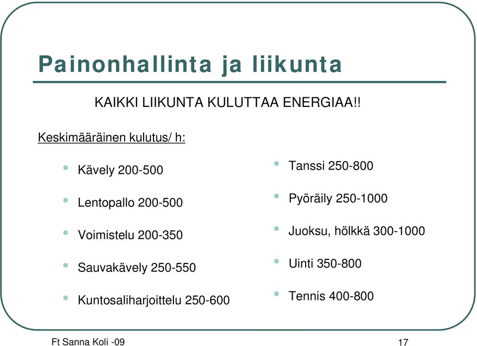 200-350 Sauvakävely 250-550 Kuntosaliharjoittelu 250-600 Tanssi 250-800